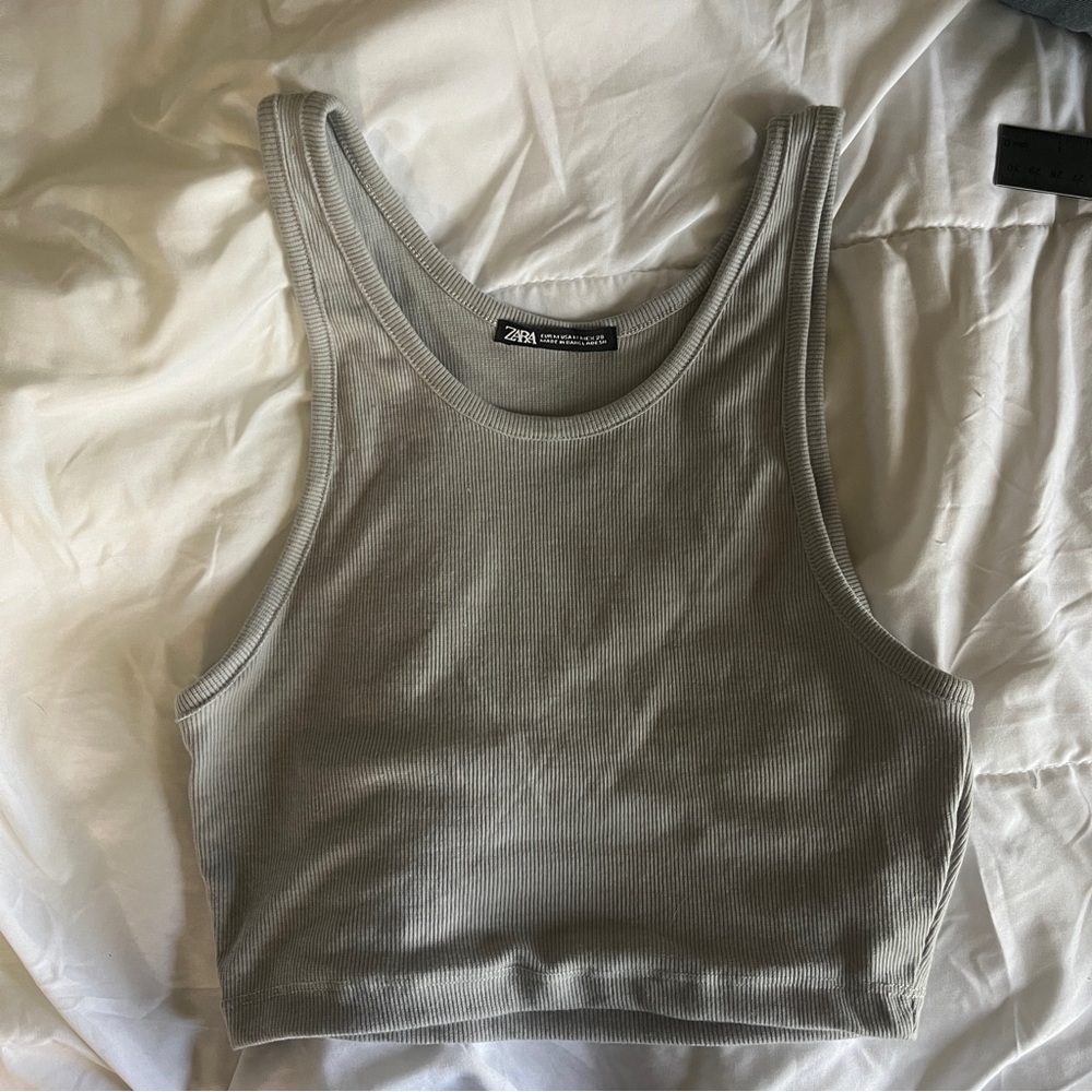Zara Gray Cropped Ribbed Tank Top